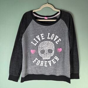 Hard Candy Womens Live Love Forever Skull Heart Gray Sweatshirt Size XL